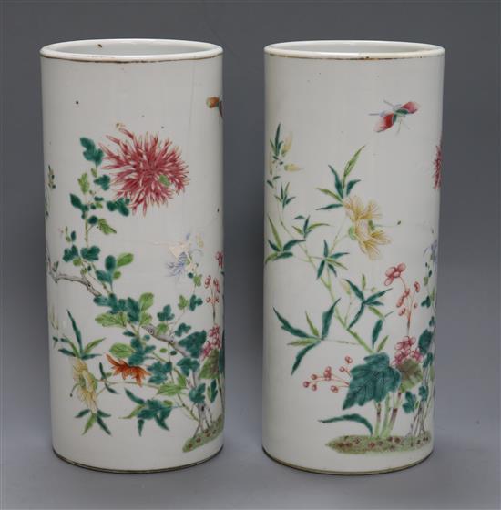 A pair of early 20th century Chinese sleeve vases height 28cm (one a.f.)
